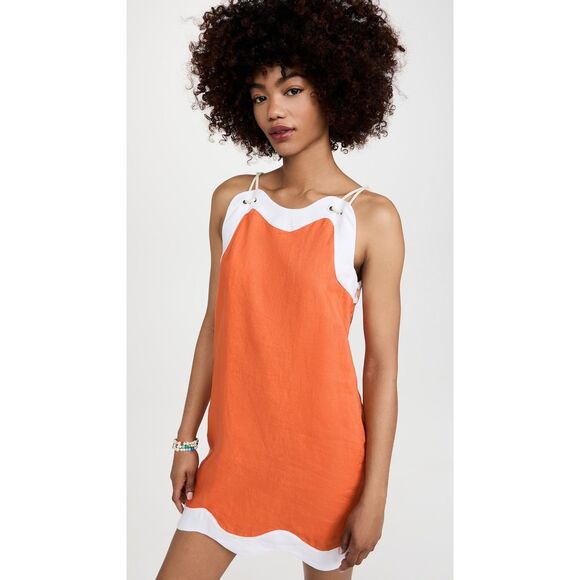 STAUD Women's Orange White Linen Lined Renata Shift Mini Dress Size Small NWOT - Picture 1 of 10